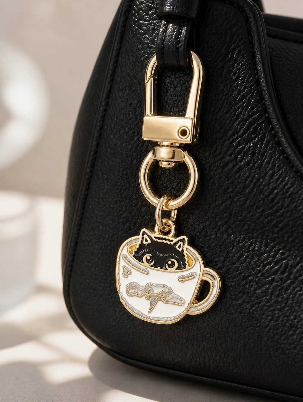 Black Cat Peeking Coffee Cup Bag Charm Keychain Keyring Cafe Cute Key Chain